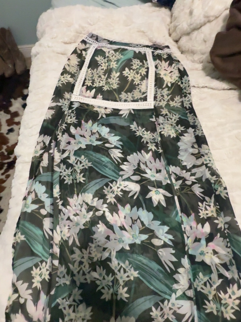 Miss Me Dark Green Floral Maxi Skirt with Lace Pocket Panel